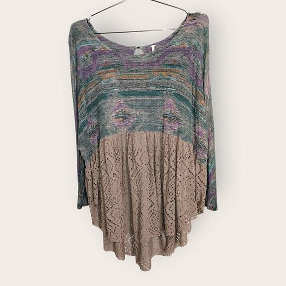 Free People Womens Top Sz Small Blue Tab Slouchy‎ Knit Tee Oversized Tshirt Boho - Picture 1 of 11